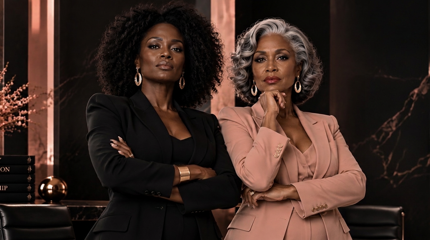 Two Black women executives standing confidently in an elegant dark office