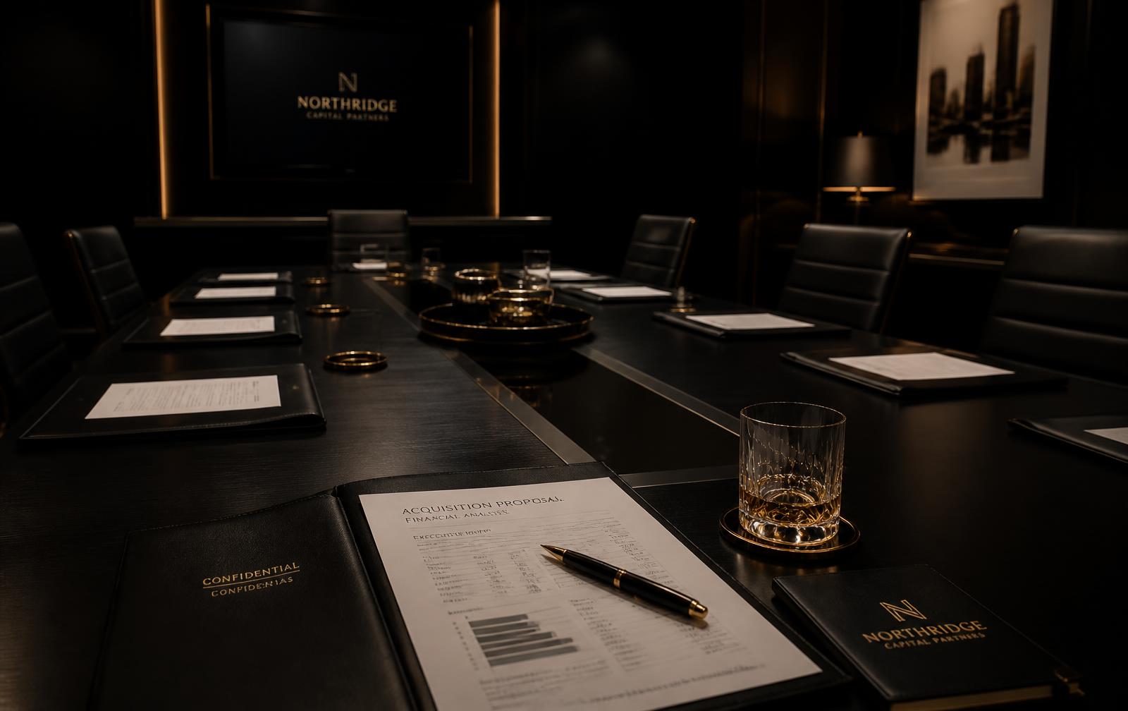 Private deal room with documents on a dark conference table